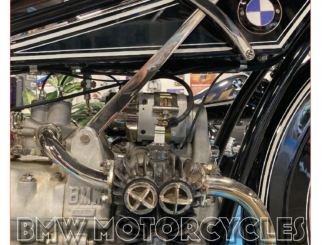 Close-up of a BMW motorcycle engine showcasing intricate mechanical details.